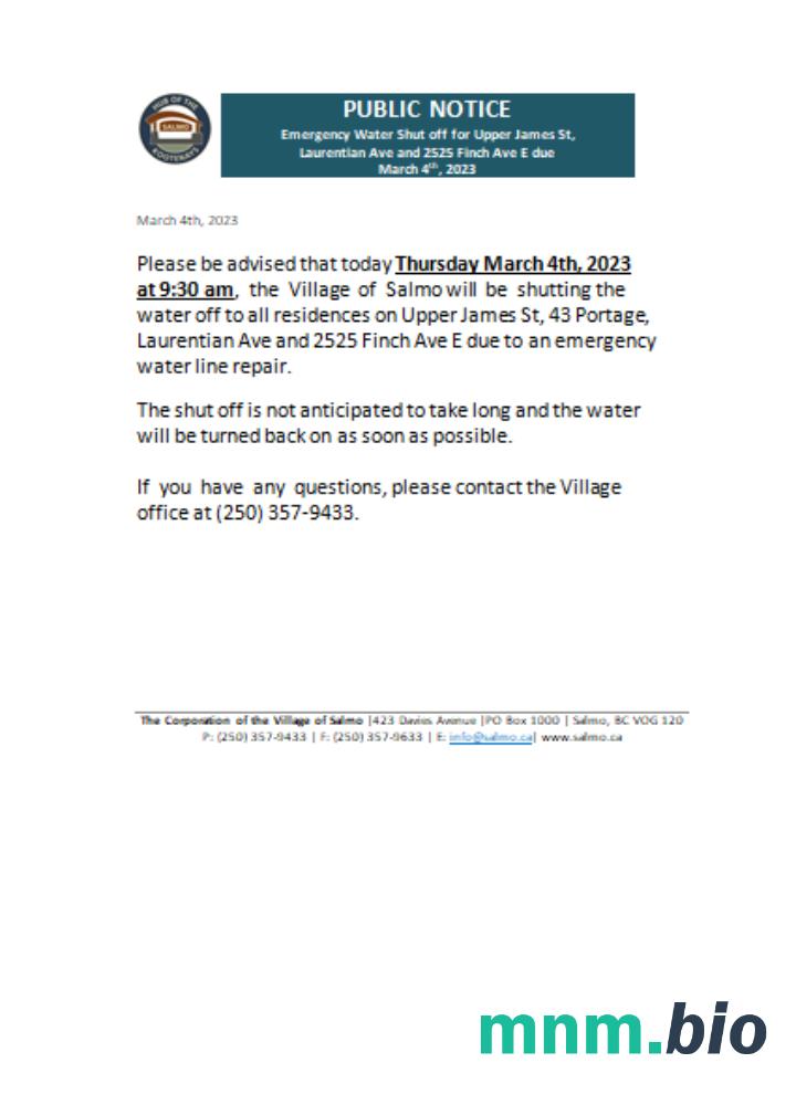 Centrum Salmo Kootenays utility wyłączyć notice business bill